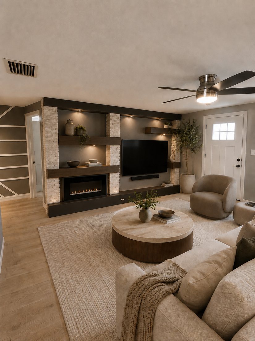 Wood slat feature wall with recessed lighting and floating shelving