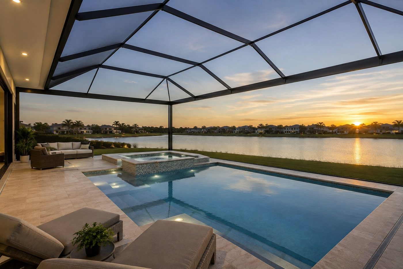 Screened pool enclosure over a waterfront pool and spa